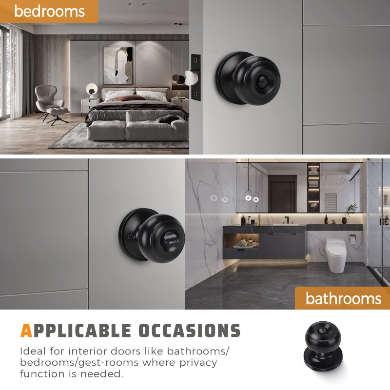 KNOBWELL 2 Pack Ball Privacy Door Knob, Black Interior Door Knob, Door Knob with Lock for Storeroom Bedroom Bathroom, Interior Door Use, Matte Black - Image 3